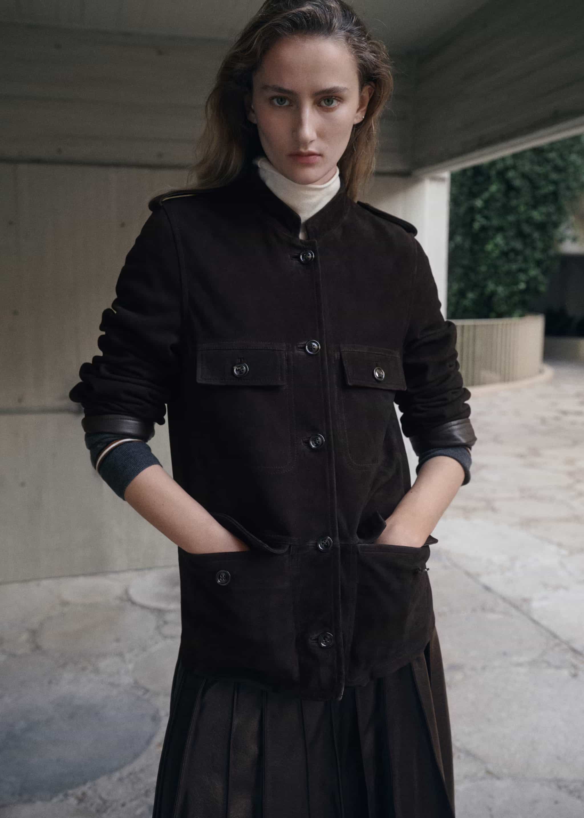 Suede jacket with strap collar
